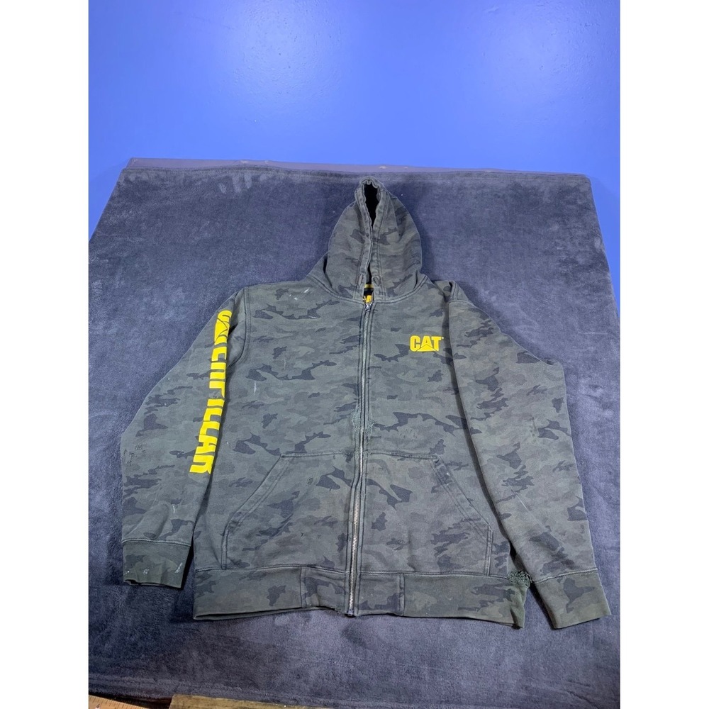 Caterpillar Cat Logo Camo Hoodie Men's XL Green Front Pouch Pockets